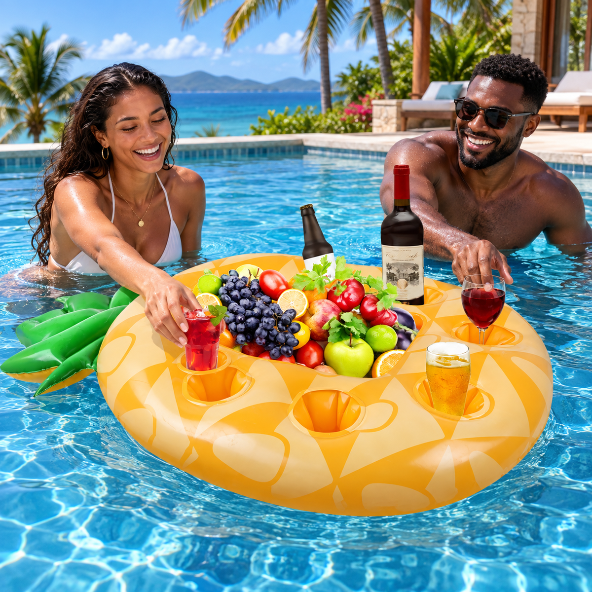 Porte-verres gonflable ananas avec des amis