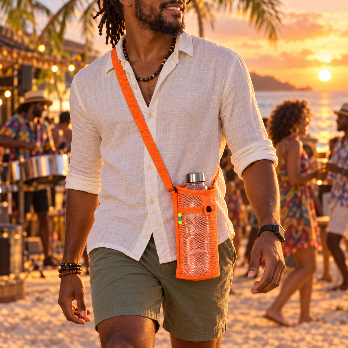 Porte-bouteille orange avec bandoulière porté lors d’une sortie festive en bord de mer