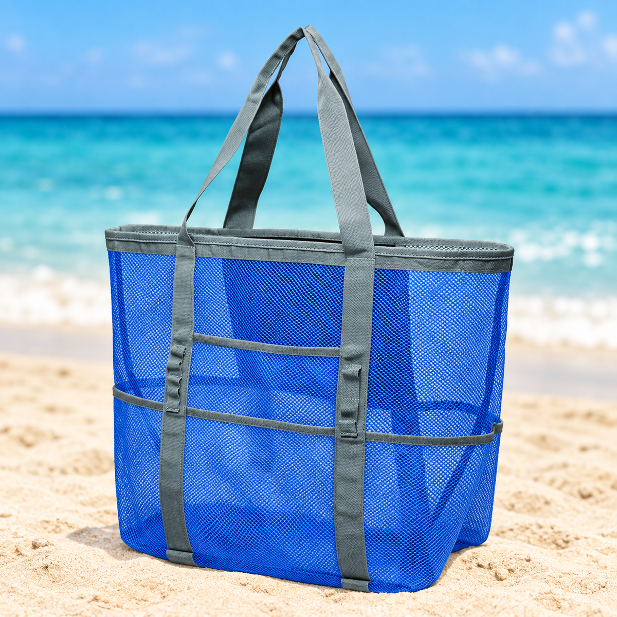 Grand sac de plage en filet bleu saphir