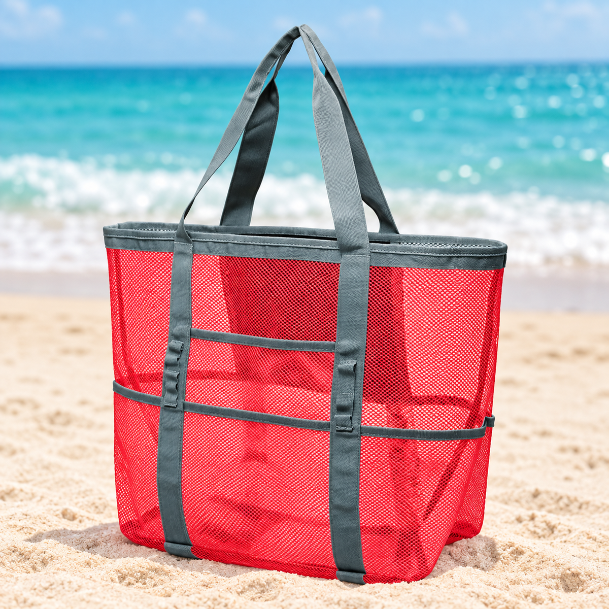 Grand sac de plage en filet rouge