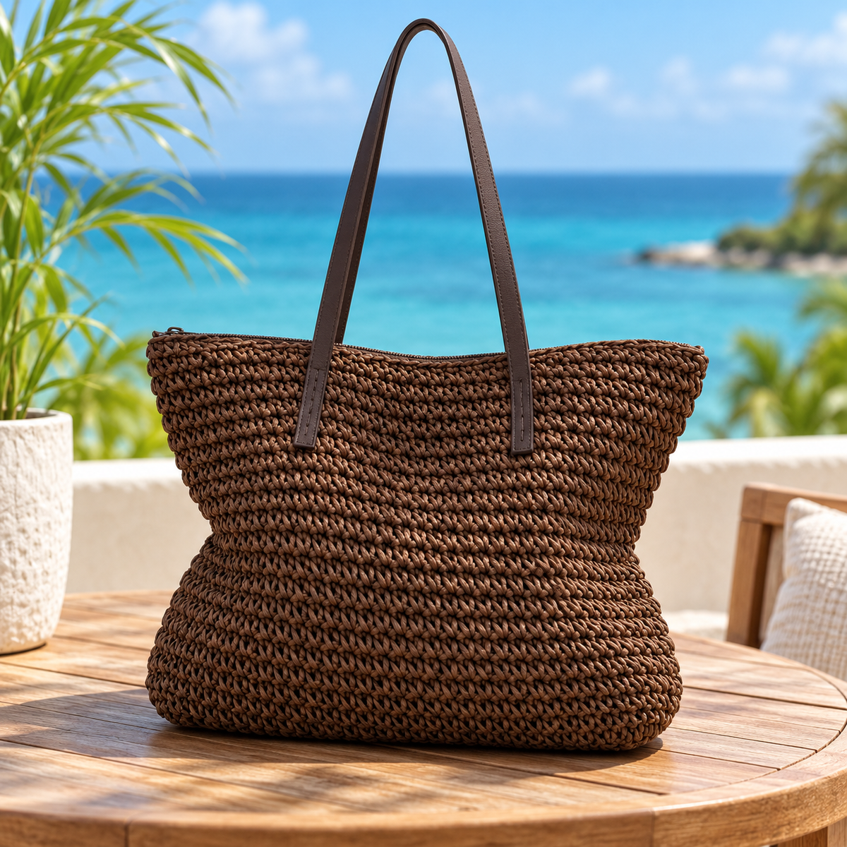 Grand sac de plage tressé café