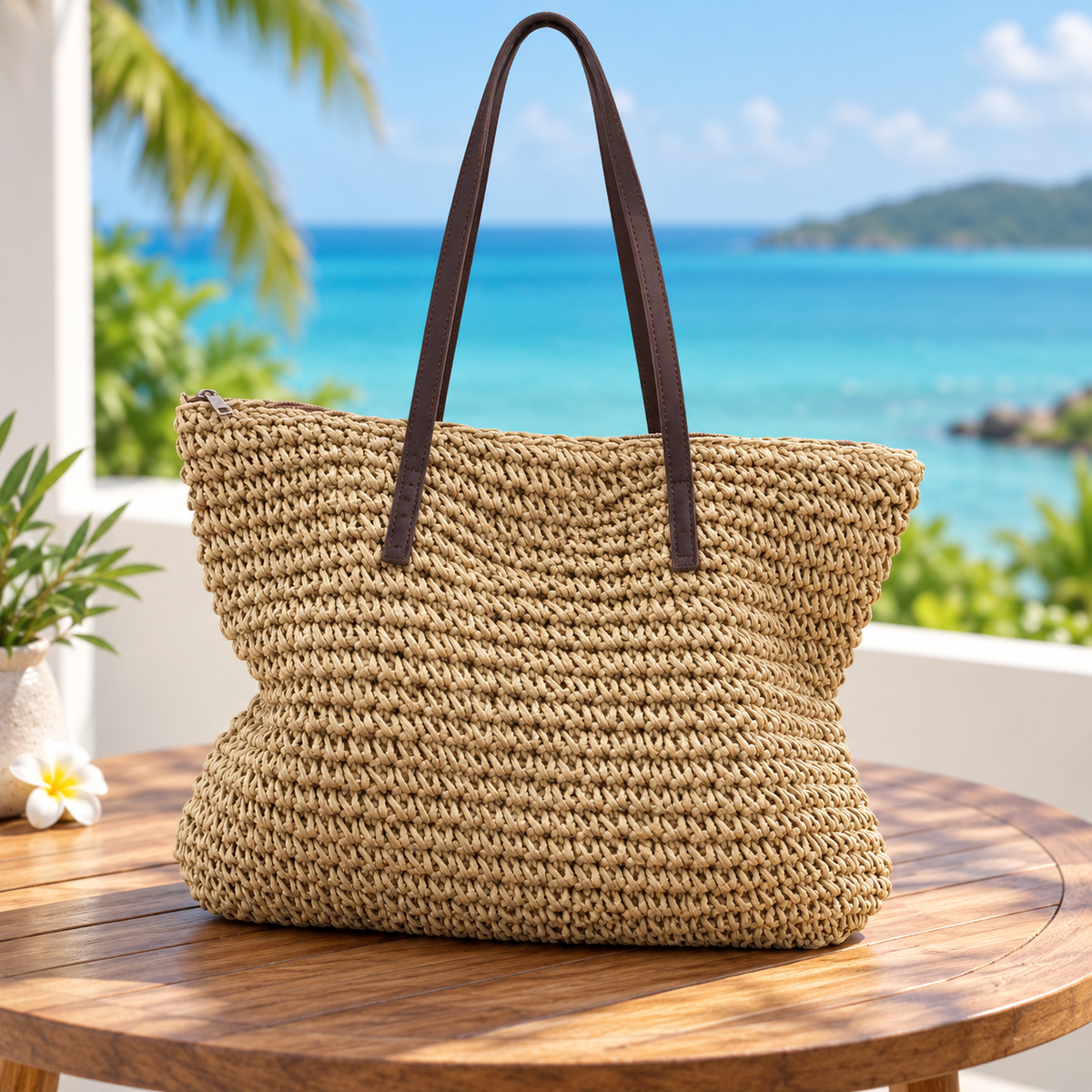 Grand sac de plage tressé kaki