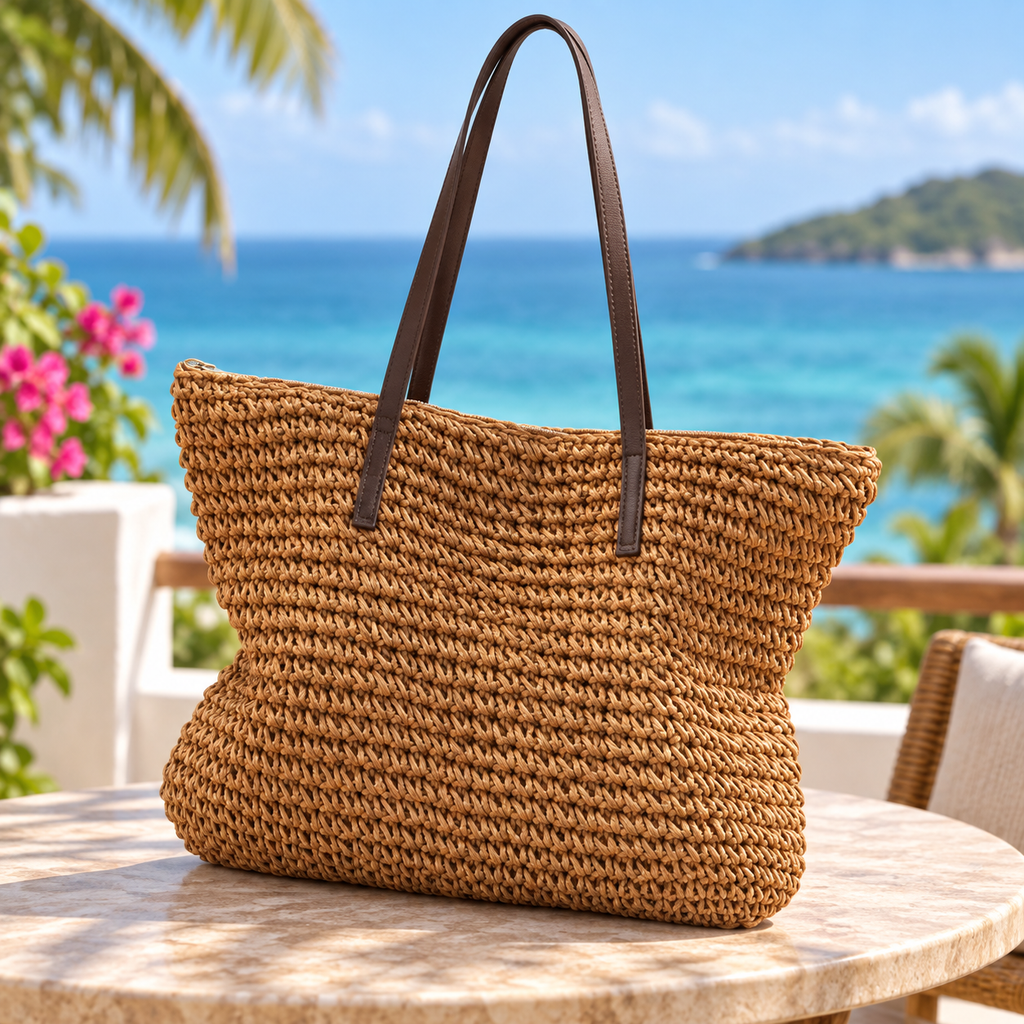 Grand sac de plage tressé marron