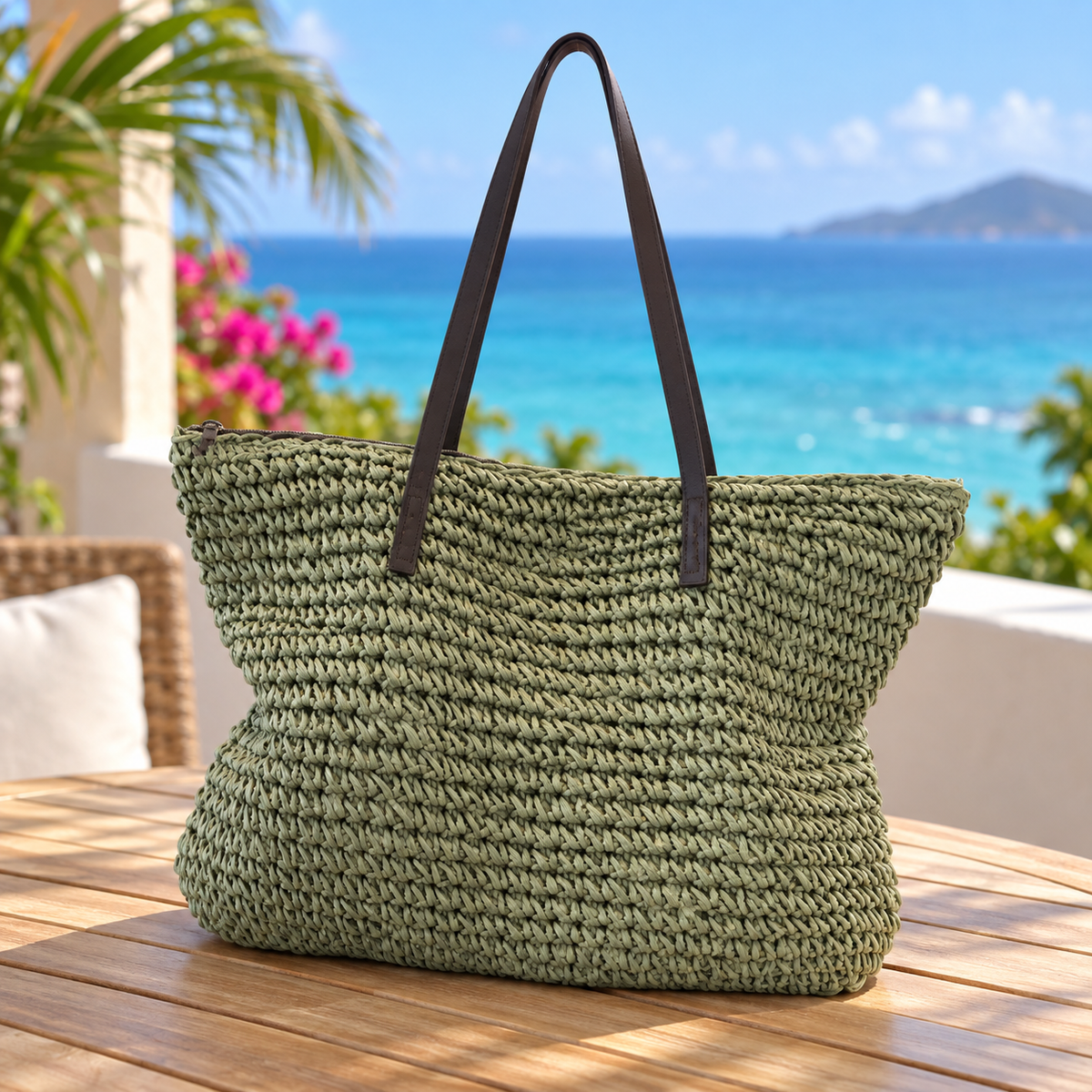 Grand sac de plage tressé vert