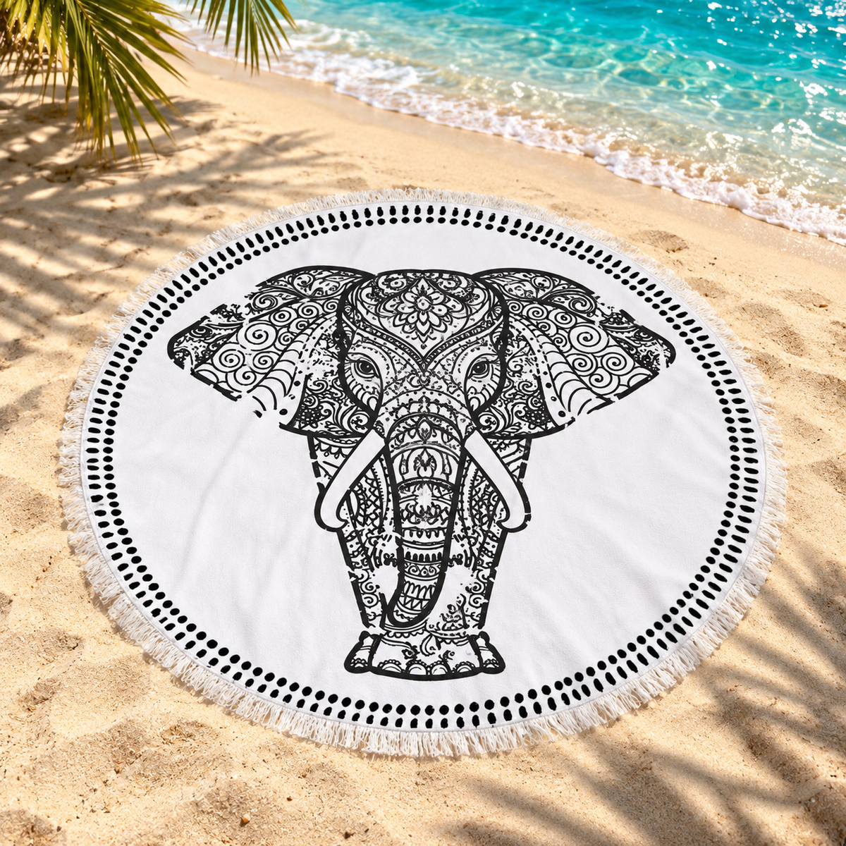 Serviette de plage ronde à franges – Mandala noir et blanc — ambiance caribéenne