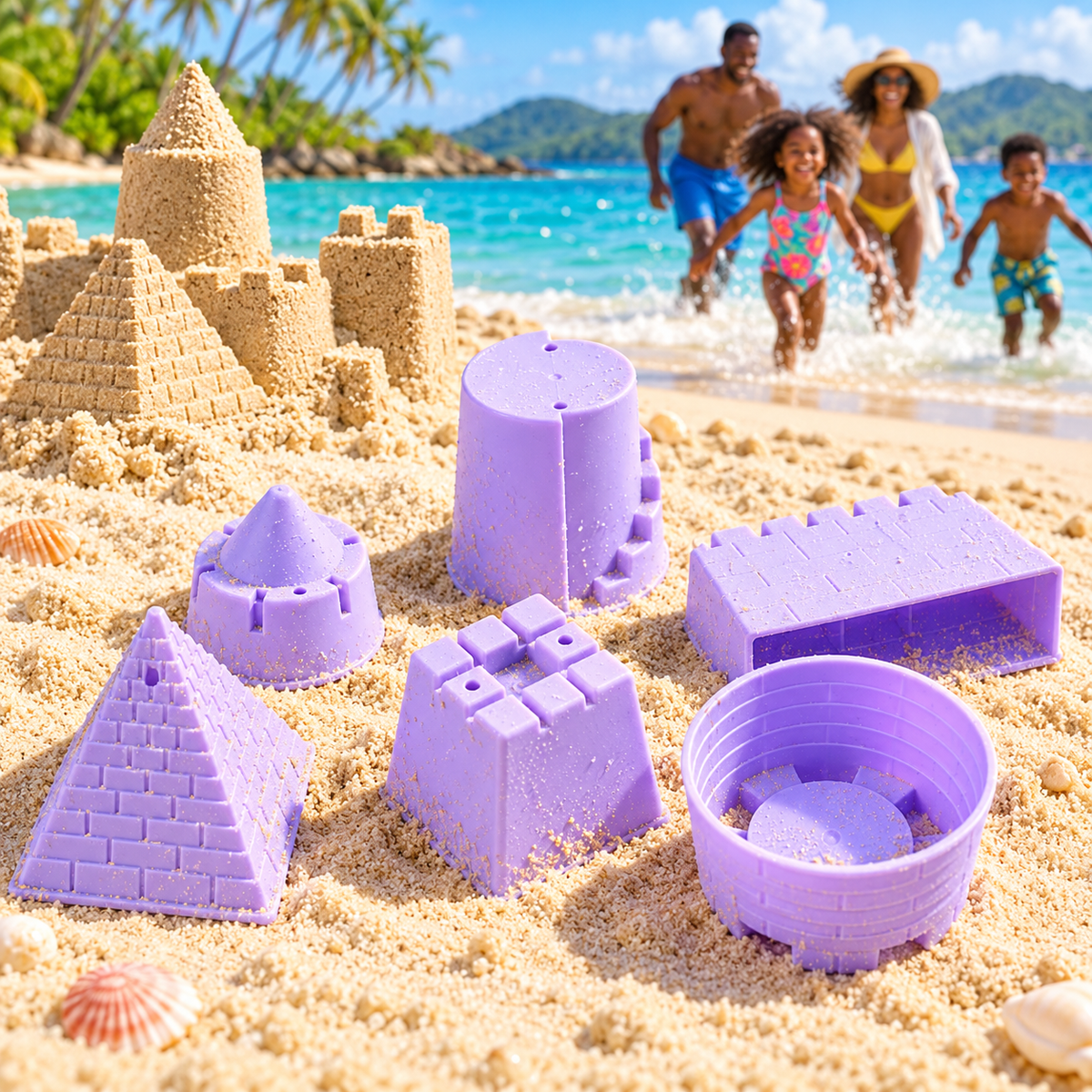 Moules à sable château – Ensemble de 6 formes — ambiance caribéenne