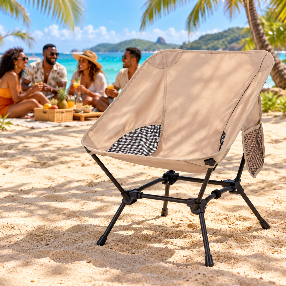 Chaise pliante à pieds carrés en tissu Oxford sur une plage des Caraïbes