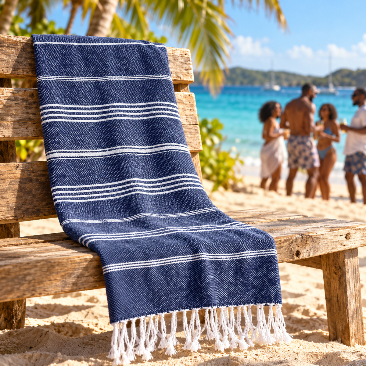 Fouta en coton à fines rayures 100 × 180 cm — ambiance caribéenne
