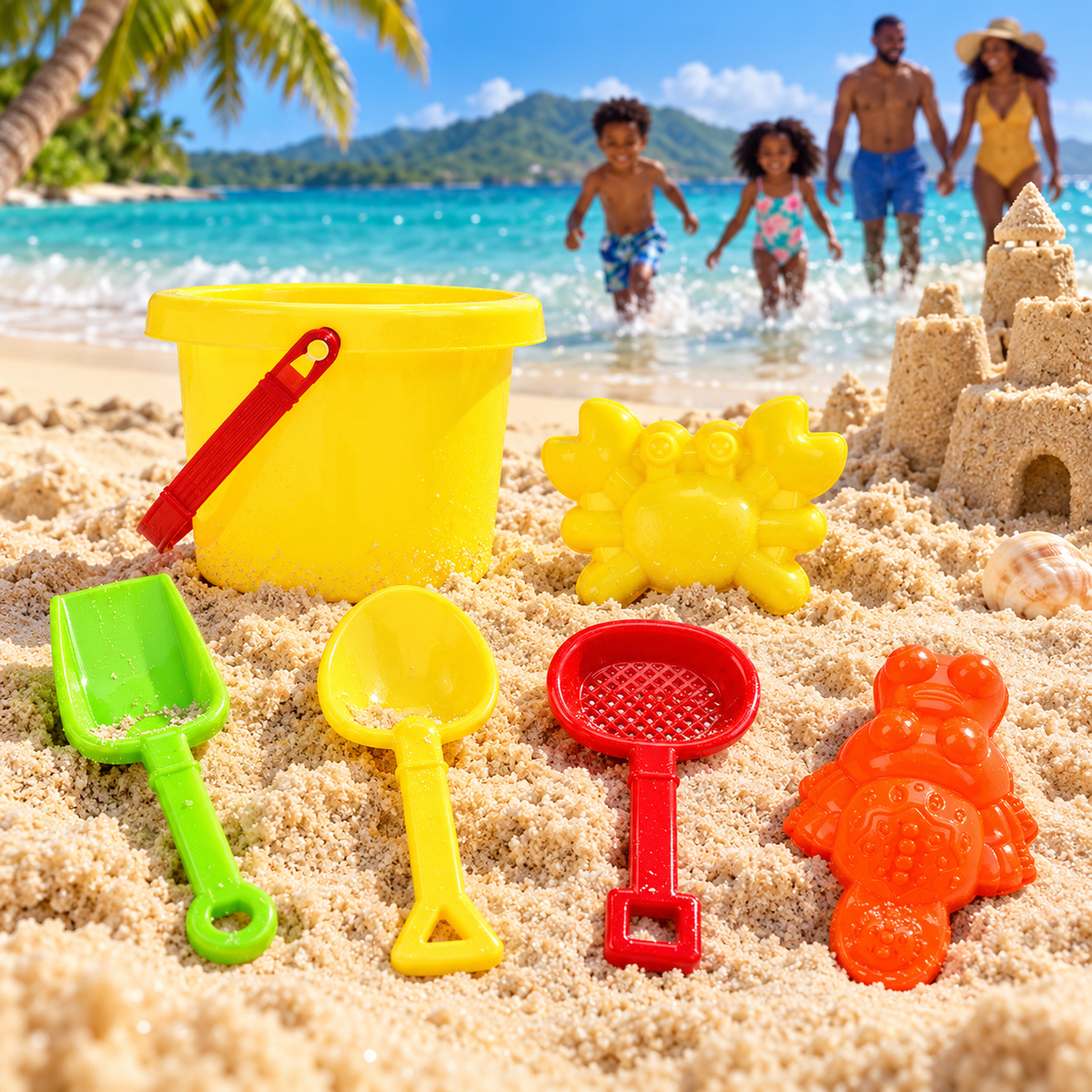 Kit de jeux de sable avec seau — 6 pièces — ambiance caribéenne