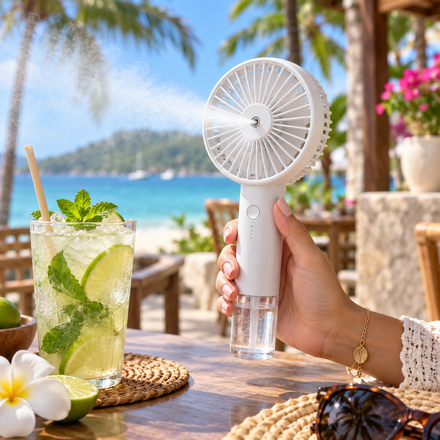 Ventilateur brumisateur blanc sur une table tropicale