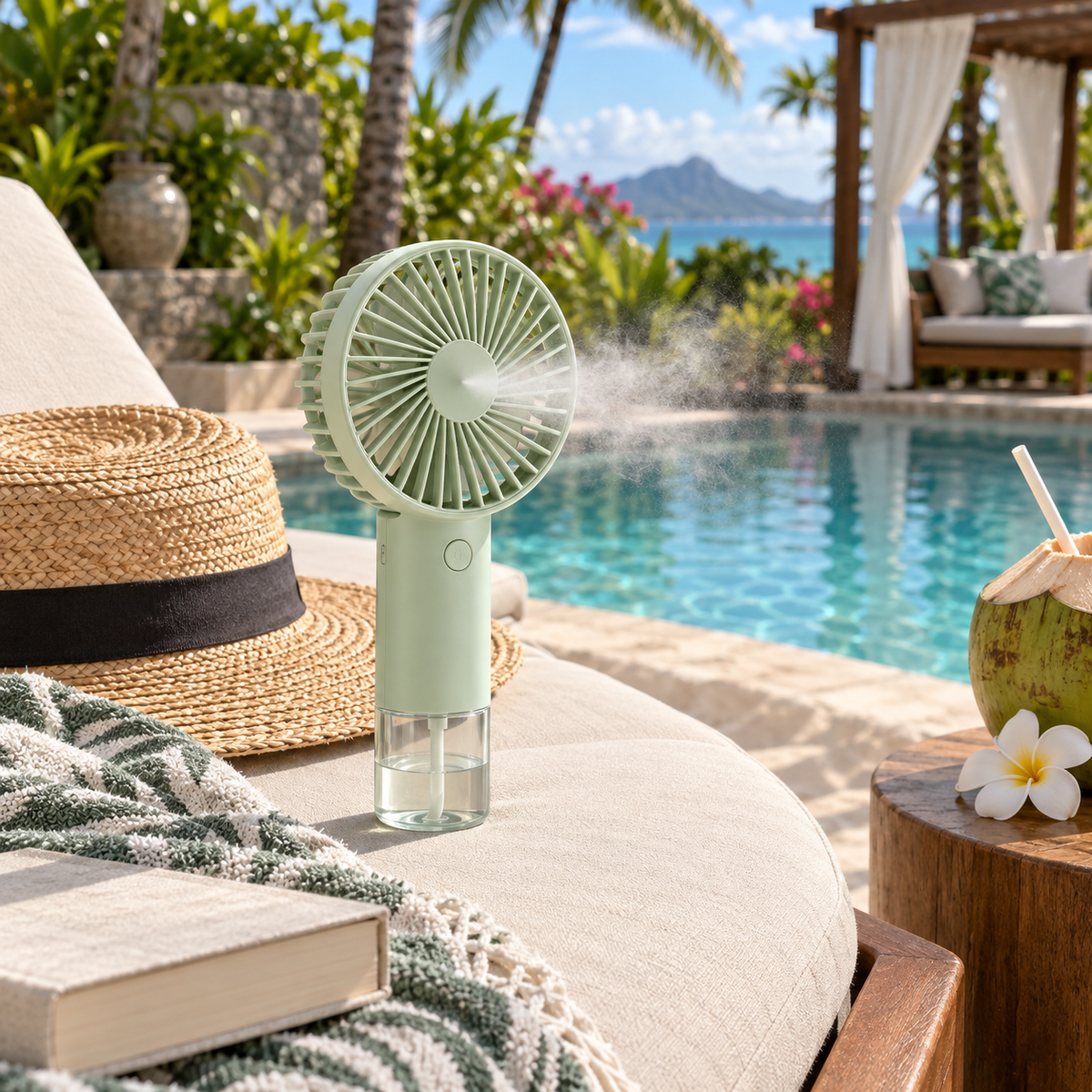 Ventilateur brumisateur vert au bord de la piscine