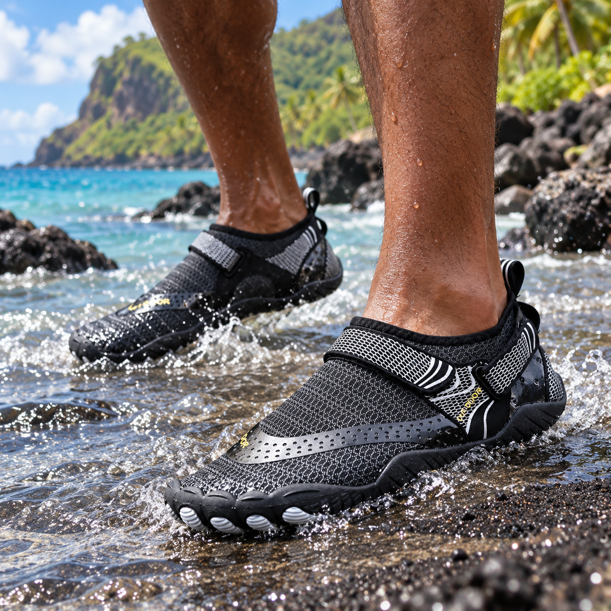 Chaussures aquatiques noires portées sur un rivage caribéen