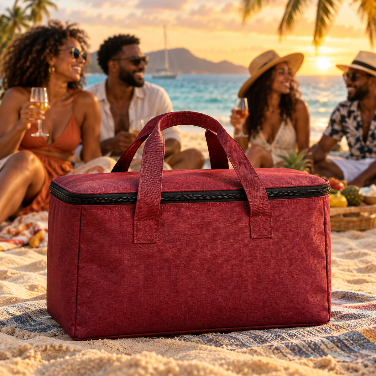 Sac isotherme bordeaux SandyVibes sur une plage caribéenne