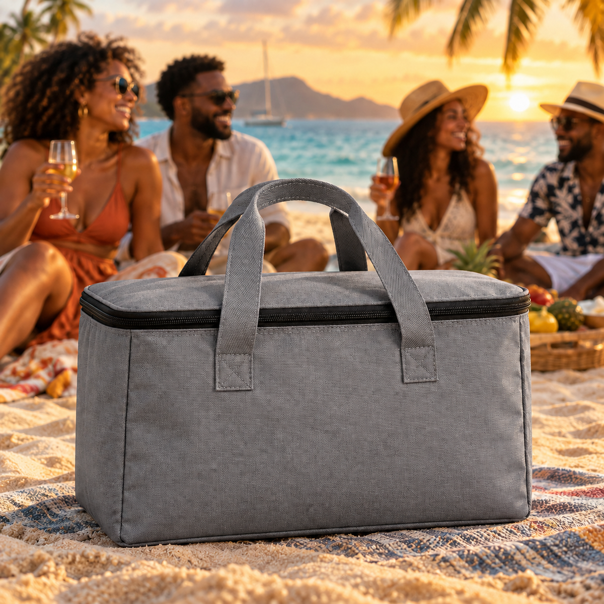 Sac isotherme gris SandyVibes sur une plage caribéenne