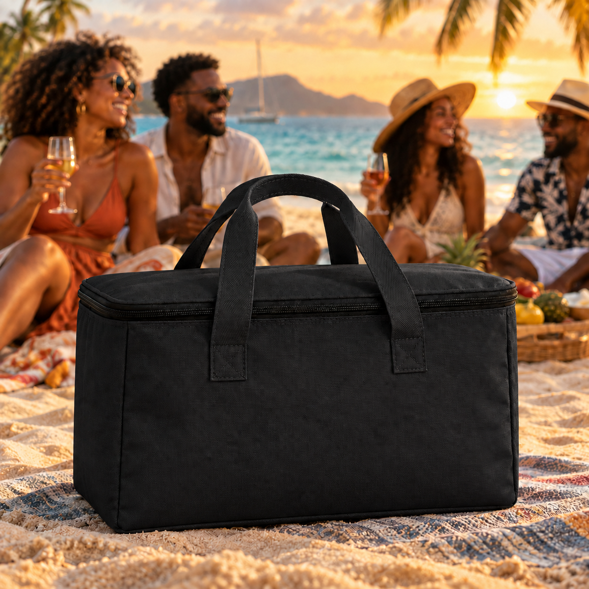 Sac isotherme noir SandyVibes sur une plage caribéenne