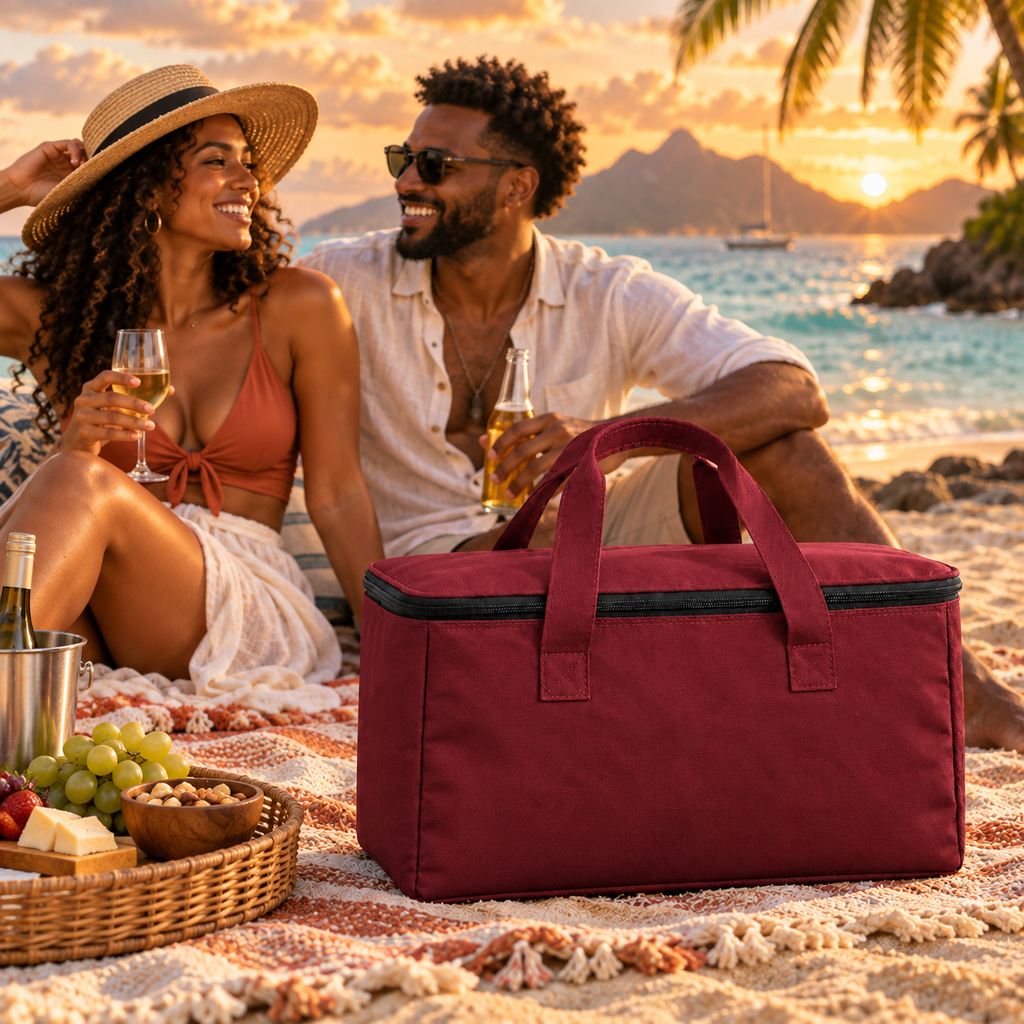 Sac isotherme bordeaux lors d’un pique-nique caribéen