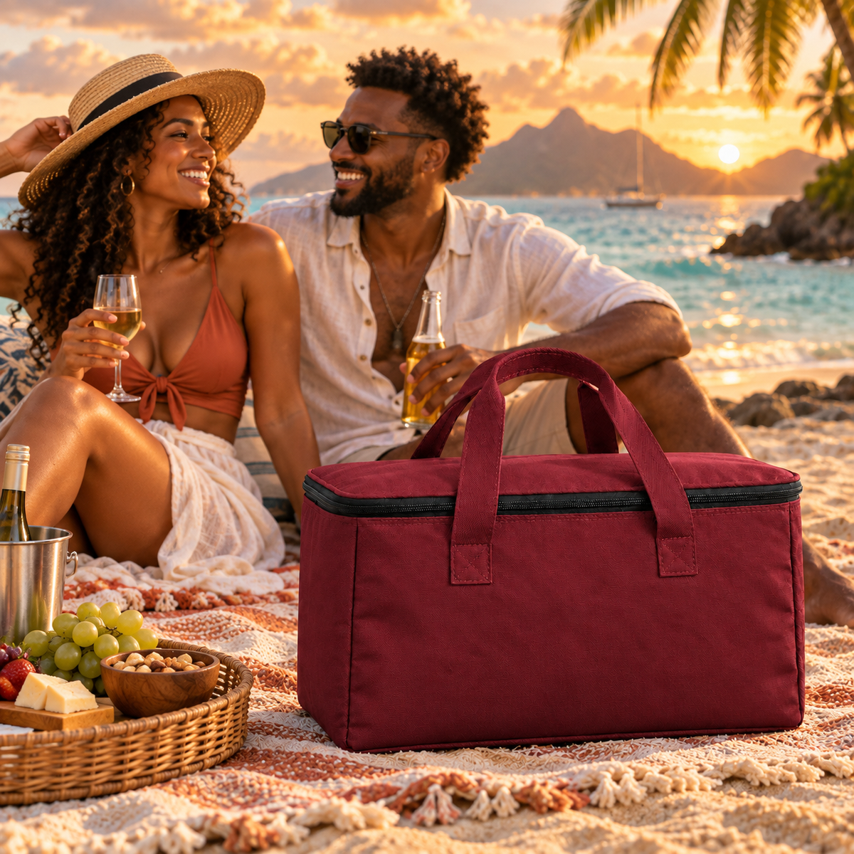 Sac isotherme bordeaux lors d’un pique-nique caribéen