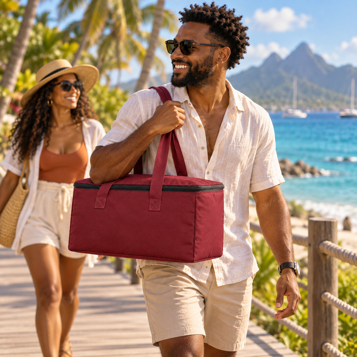 Sac isotherme porté à l’épaule sur une promenade caribéenne